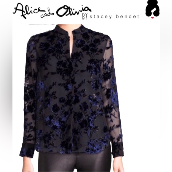 Alice + Olivia Tops - Alice + Olivia black top with blue velvet detailing. Size Medium. Gorgeous